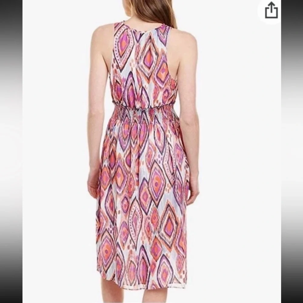 Trina Turk Mao Printed Purple Pink Smocked Midi Dress Mock Neck Sleeveless 4